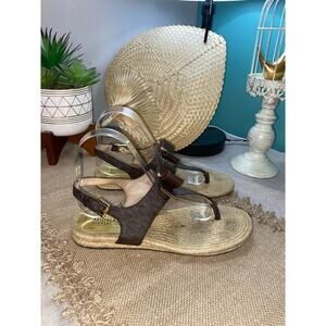 Michael Kors MK Signature MEG Thong Brown Bow Ankle Strap Buckle Sandals GUC